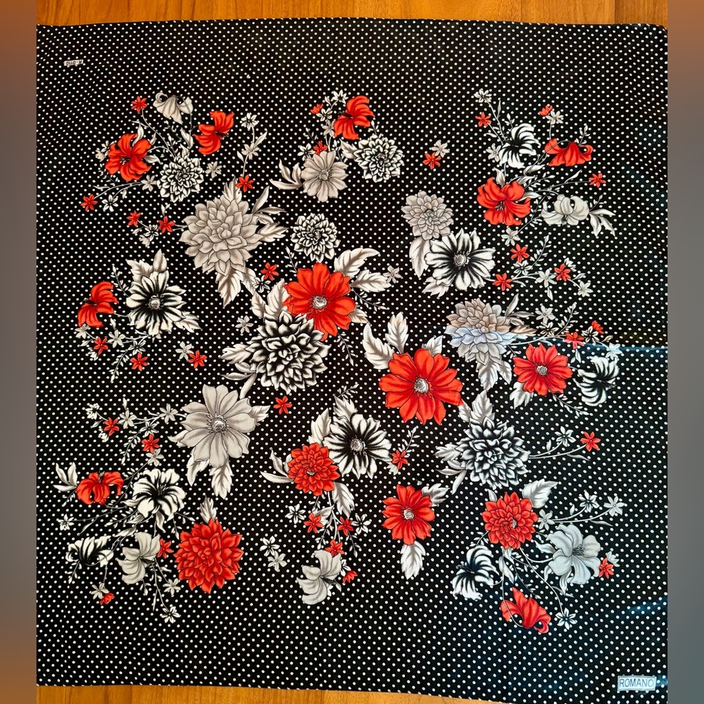 Romano Black and White Polka Dot Scarf with Floral Accents